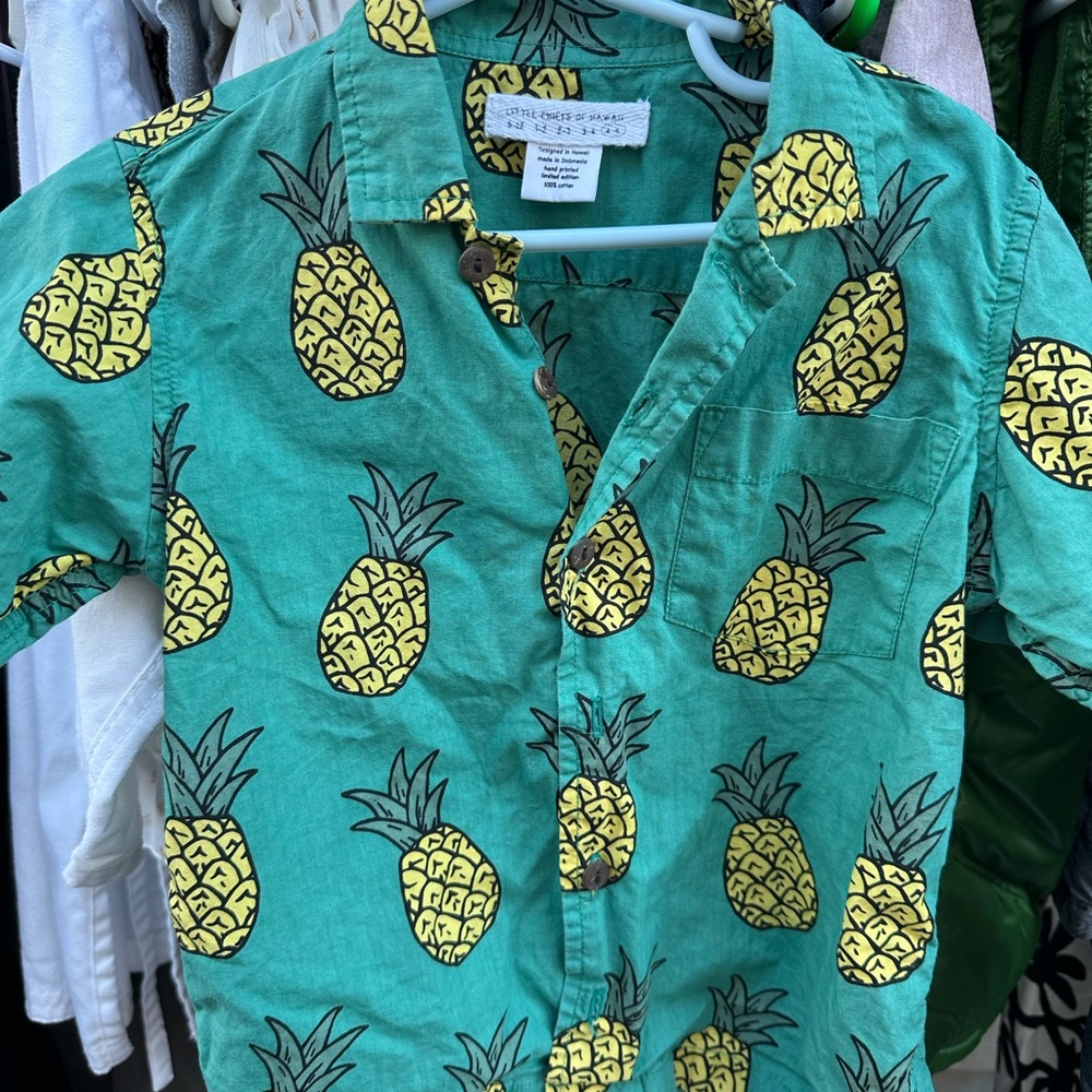 Green Pineapple Print Kids Aloha Shirt